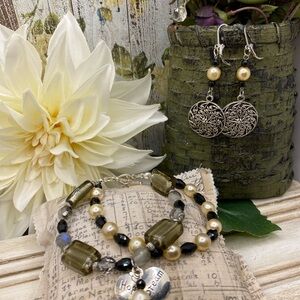 Elegant Double Strand Pearl and Silver Lampwork Jewelry Set Medallion Earrings